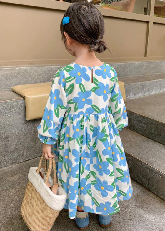 Beautiful Blue O Neck Print Cotton Girls Long Dress Long Sleeve XZ089