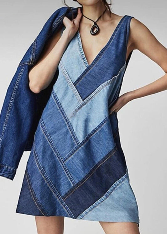 Denim Blue Dress Neck Beautiful Patchwork V Sleeveless