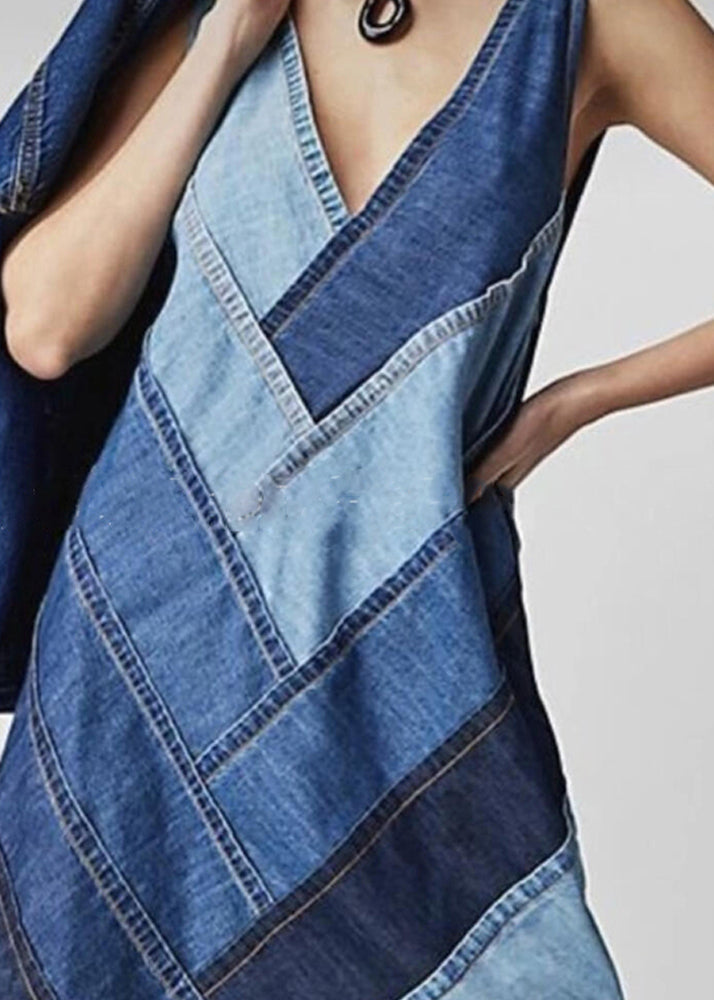 Denim Blue Dress Neck Beautiful Patchwork V Sleeveless