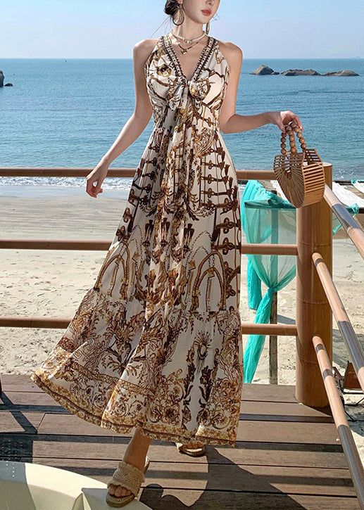 Print Summer Beach Chiffon Sundress Brown Beautiful