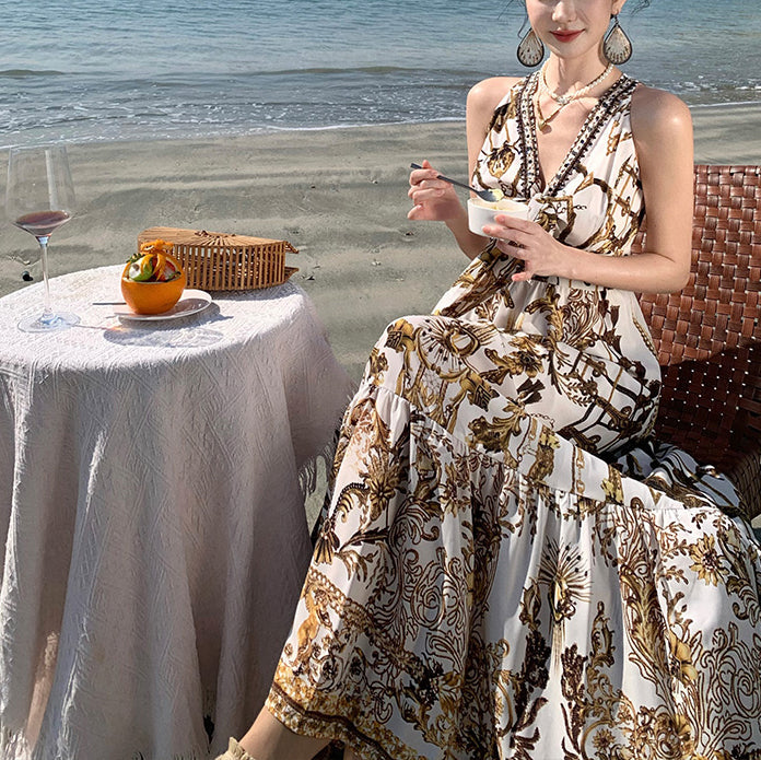 Print Summer Beach Chiffon Sundress Brown Beautiful