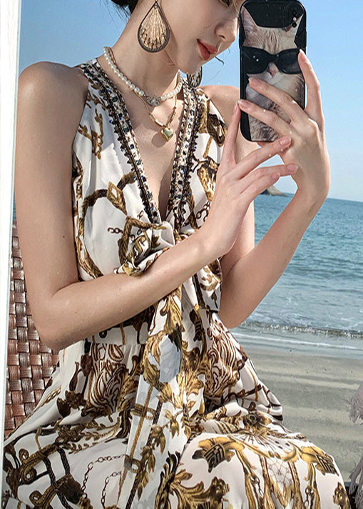 Print Summer Beach Chiffon Sundress Brown Beautiful
