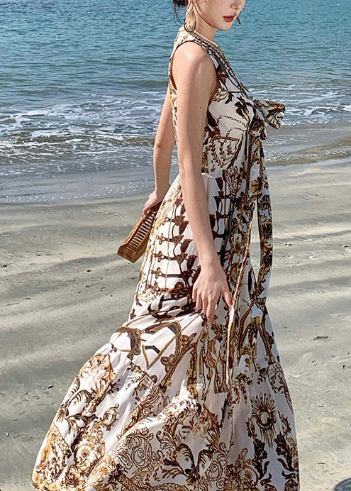 Print Summer Beach Chiffon Sundress Brown Beautiful