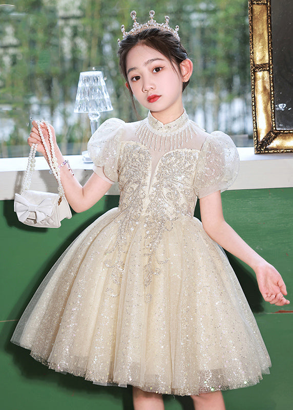 Beautiful Champagne Stand Collar Sequins Tulle Kids Mid Dresses Summer XZ037