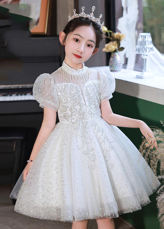 Beautiful Champagne Stand Collar Sequins Tulle Kids Mid Dresses Summer XZ037