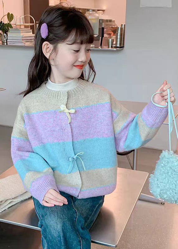 Beautiful Colorblock O-Neck Button Cotton Knit Girls Cardigan Winter WL045