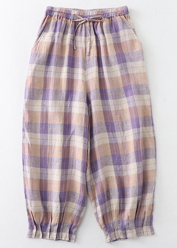 Linen Beautiful Harem Oversized Summer Pants Plaid Colorblock