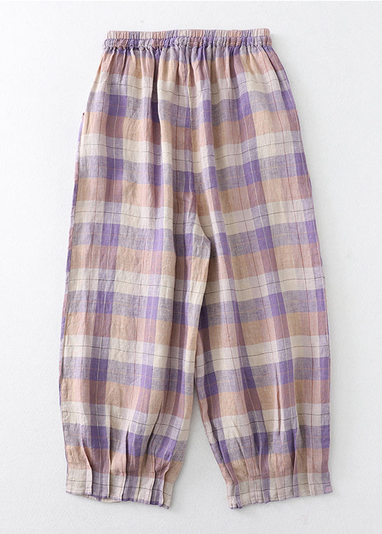 Linen Beautiful Harem Oversized Summer Pants Plaid Colorblock