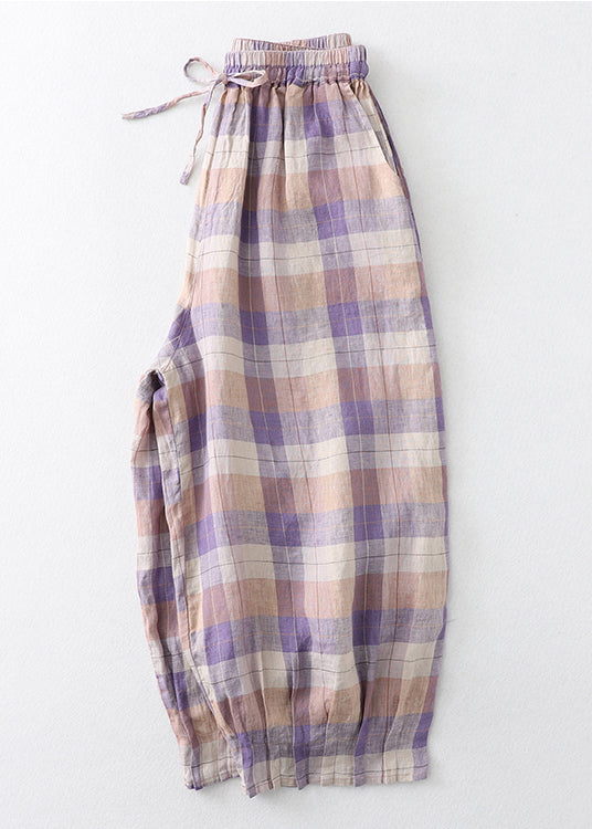 Linen Beautiful Harem Oversized Summer Pants Plaid Colorblock