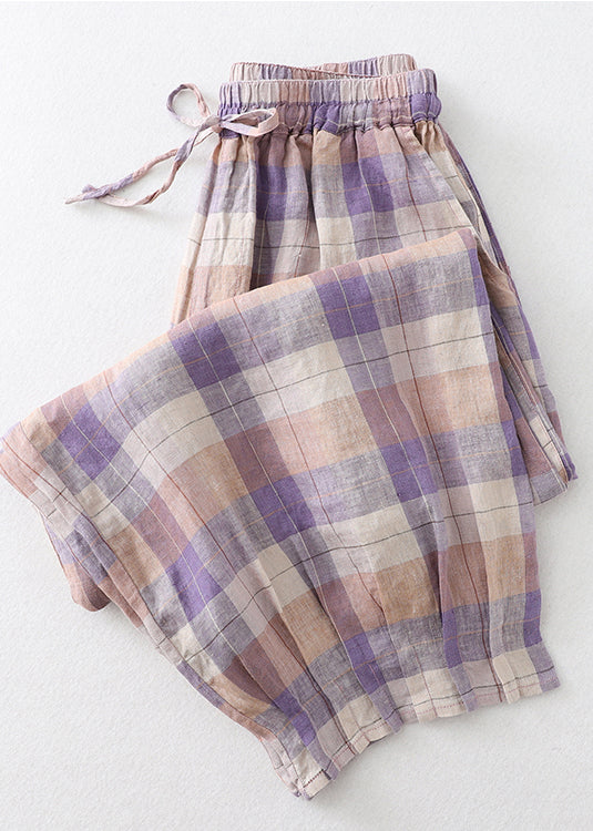 Linen Beautiful Harem Oversized Summer Pants Plaid Colorblock