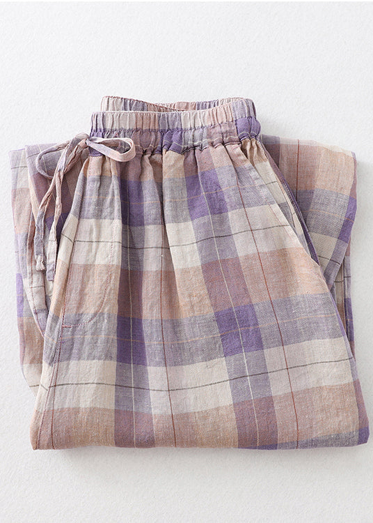 Linen Beautiful Harem Oversized Summer Pants Plaid Colorblock
