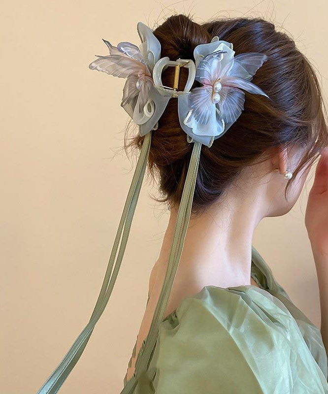 Hairpin Fabric Ribbon Green Acrylic Beautiful Pearl Bow