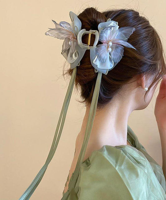 Hairpin Fabric Ribbon Green Acrylic Beautiful Pearl Bow