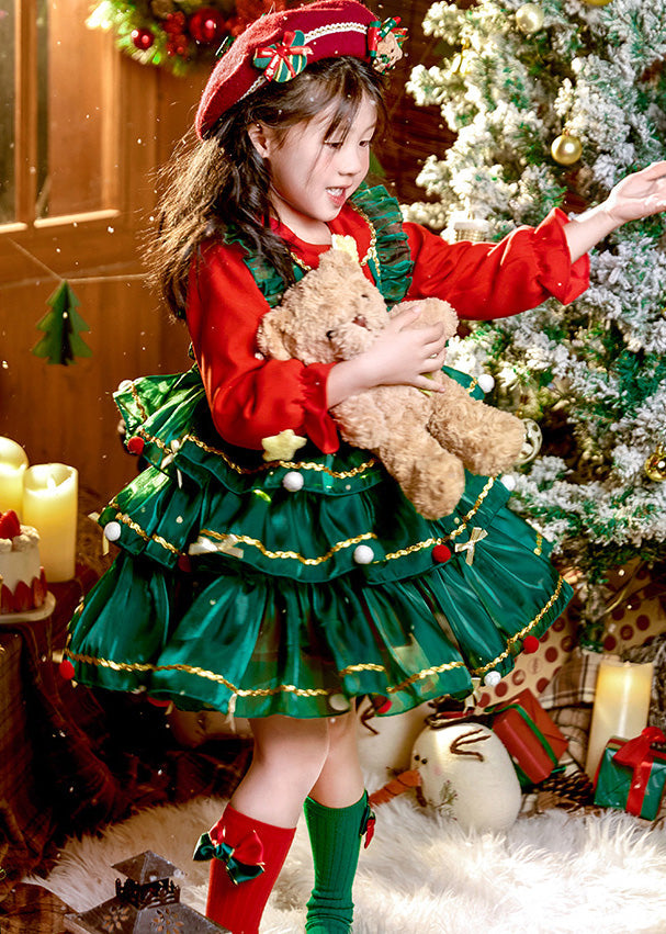 Beautiful Green Bow Print Christmas Day Girls Long Cake Dresses Winter RP034