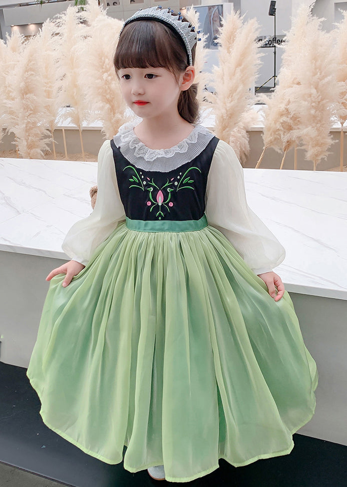 Beautiful Green Embroideried flattering Tulle Kids Maxi Dress Spring YE021