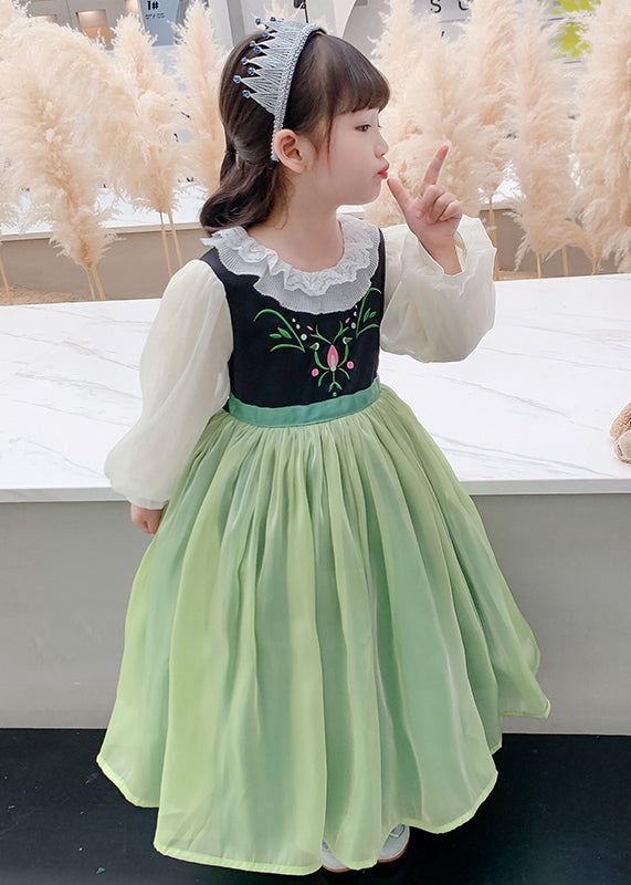 Beautiful Green Embroideried flattering Tulle Kids Maxi Dress Spring YE021