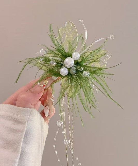 Tassel Butterfly Green Beautiful Hairpin Lace Pearl Feather