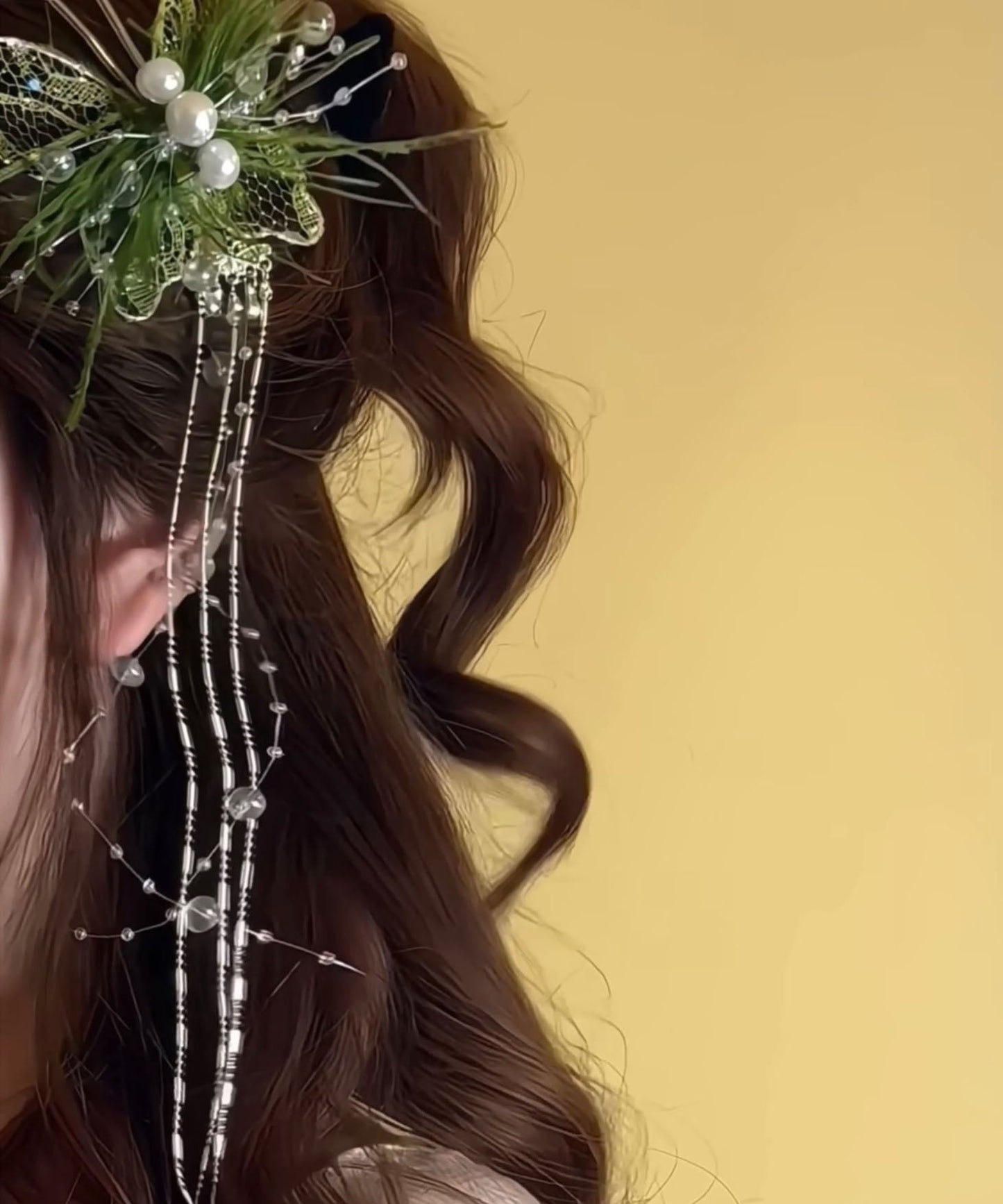 Tassel Butterfly Green Beautiful Hairpin Lace Pearl Feather