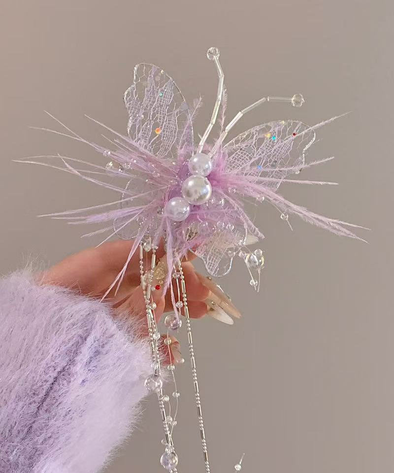 Tassel Butterfly Green Beautiful Hairpin Lace Pearl Feather