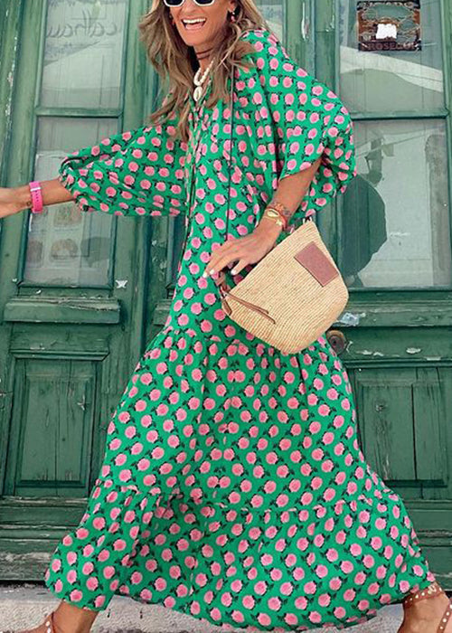 Print Cotton V Long Green Beautiful Neck Sleeve Puff Dresses