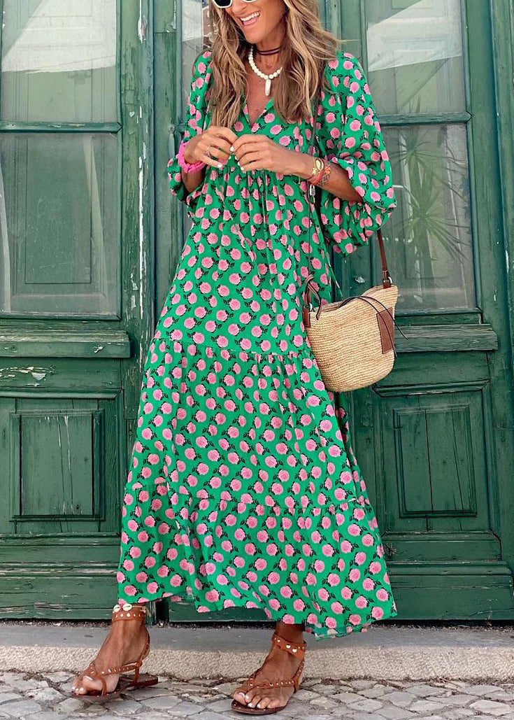 Print Cotton V Long Green Beautiful Neck Sleeve Puff Dresses