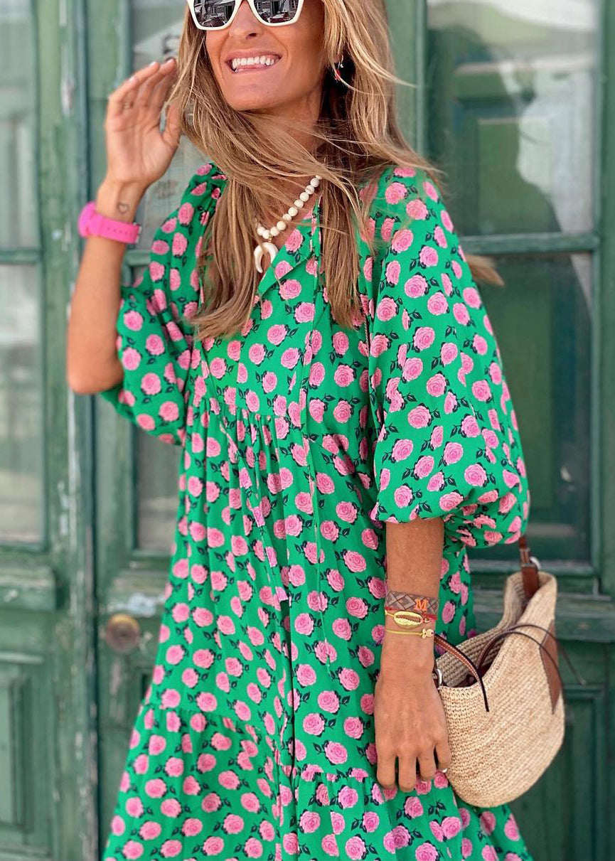 Print Cotton V Long Green Beautiful Neck Sleeve Puff Dresses