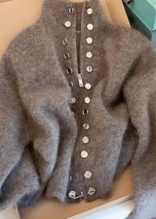 Beautiful Grey High Neck Zip Up Woolen Knit Cardigans Spring TN025