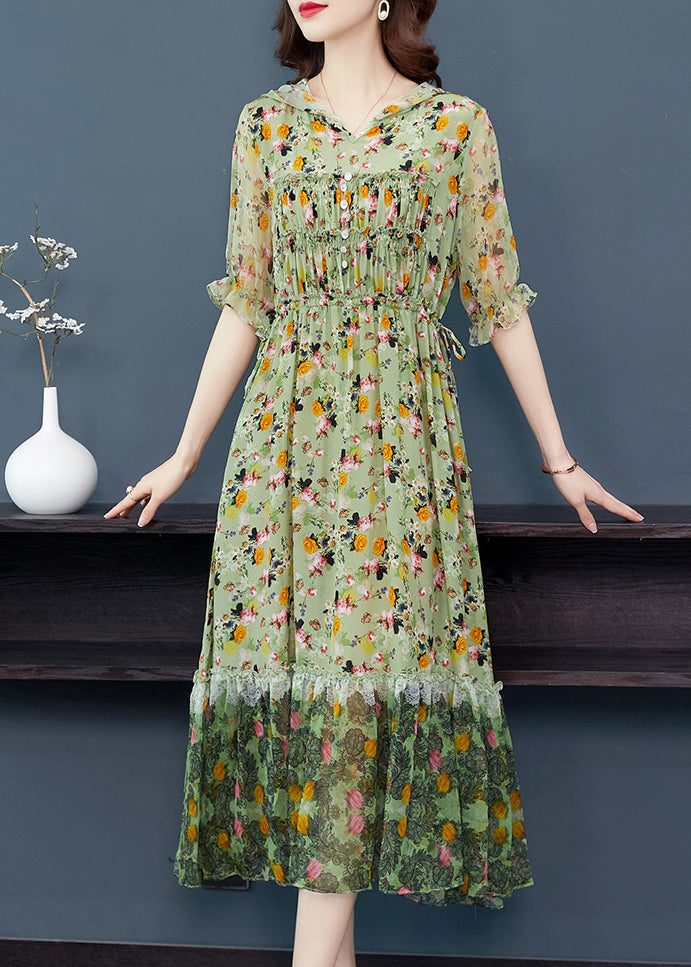 Beautiful Grey Ruffled Print Patchwork Silk Long Dresses Summer BB009