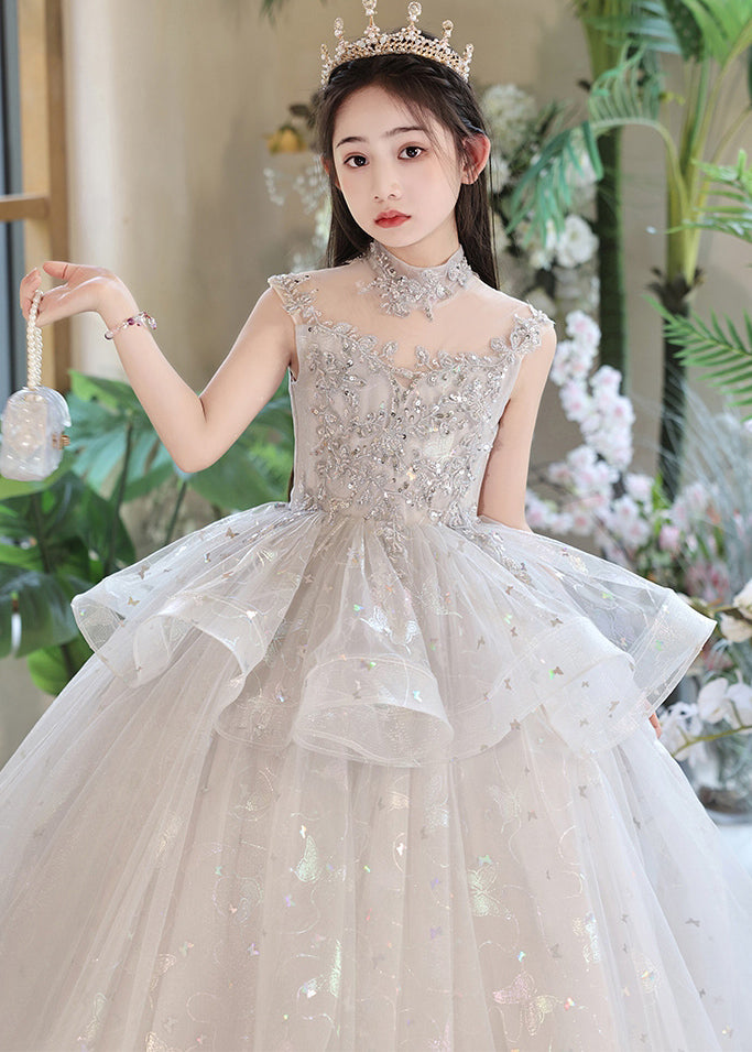 Beautiful Grey Sequins Patchwork Tulle Kids Maxi Dresses Summer QV011