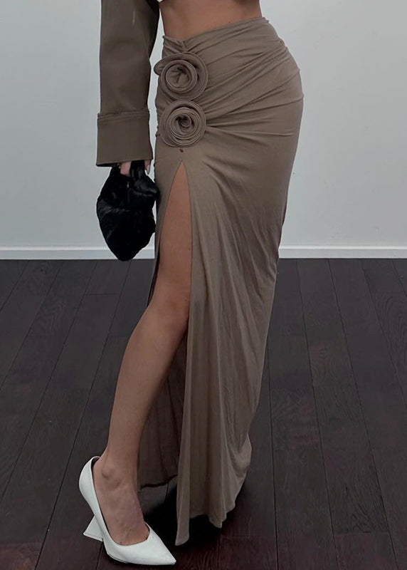 Beautiful Khaki Floral Side Open Wraped Skirts Spring YP039