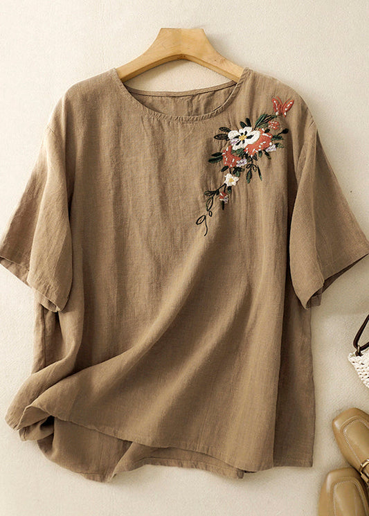 Beautiful Khaki O Neck Embroidered Linen T Shirts Summer AM1038