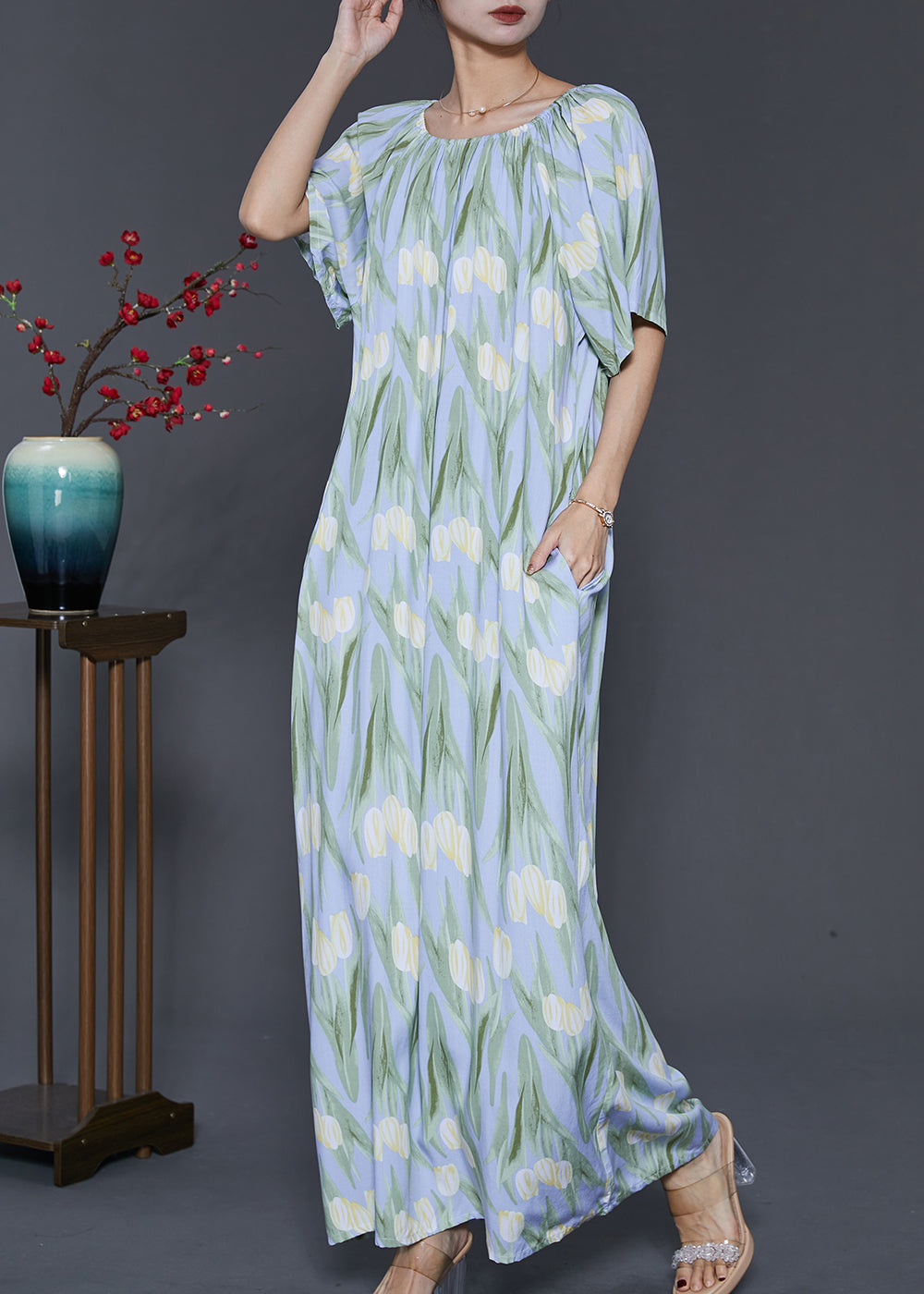 Beautiful Light Blue Print Cotton Beach Dresses Summer SD1046