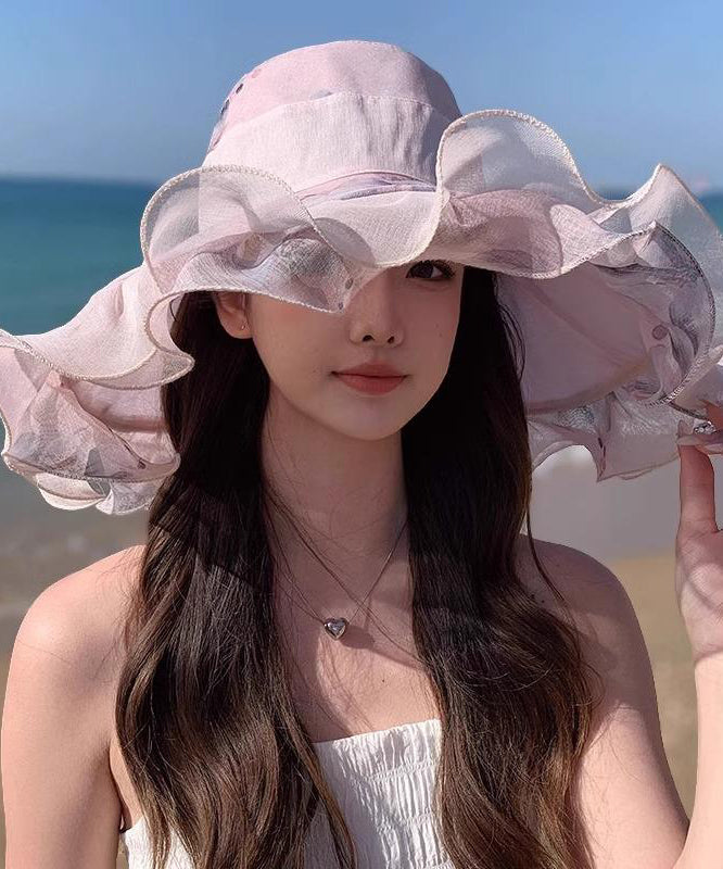 Ruffled Light Sun Hat Pink Print Beautiful Floppy
