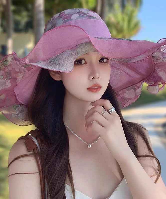 Ruffled Light Sun Hat Pink Print Beautiful Floppy