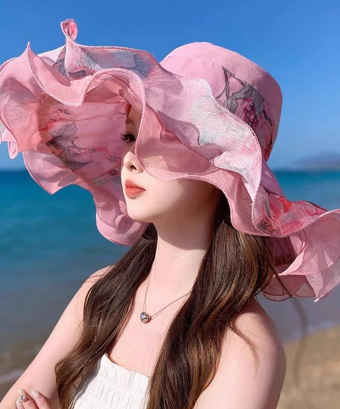 Ruffled Light Sun Hat Pink Print Beautiful Floppy