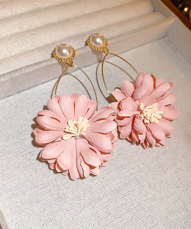 Beautiful Pink Alloy Pearl Cloth Chrysanthemum Drop Earrings II011