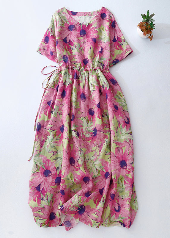 Summer Pink Cinched Vacation Print Dresses Linen Beautiful