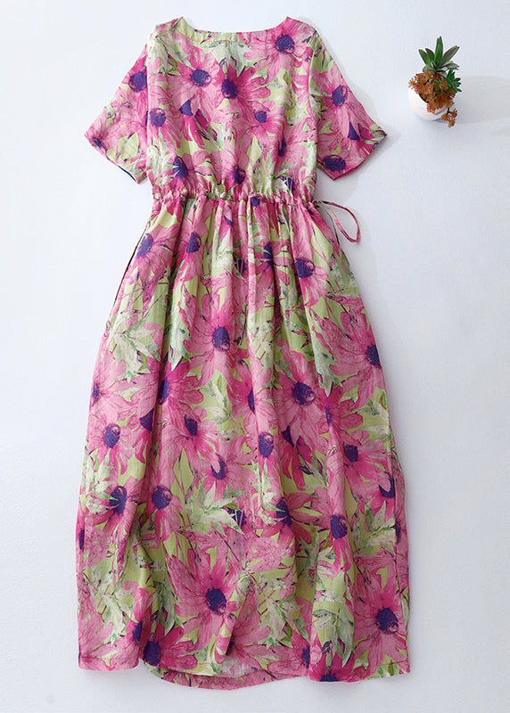 Summer Pink Cinched Vacation Print Dresses Linen Beautiful