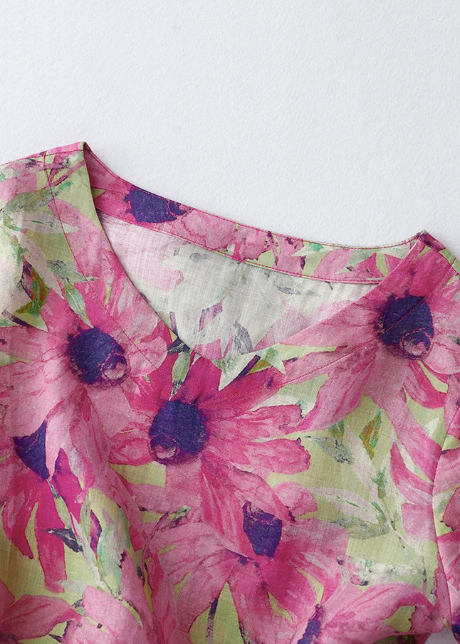 Summer Pink Cinched Vacation Print Dresses Linen Beautiful