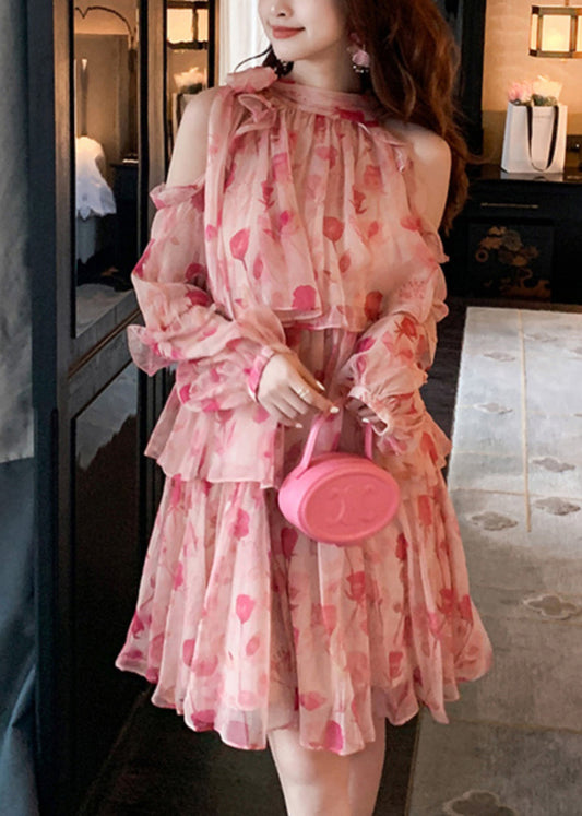 Mid Beautiful Cold Print Pink Summer Shoulder Dress Chiffon