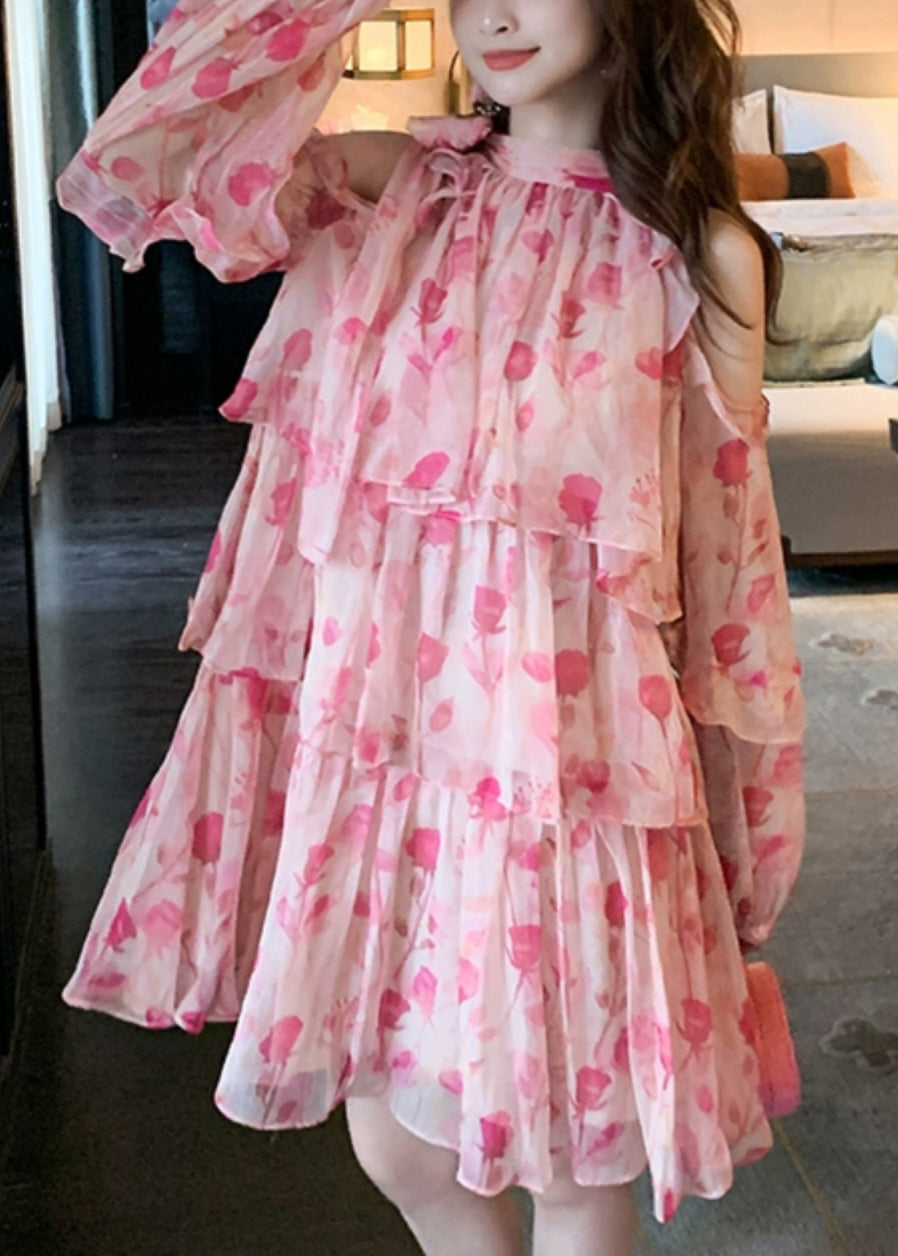 Mid Beautiful Cold Print Pink Summer Shoulder Dress Chiffon