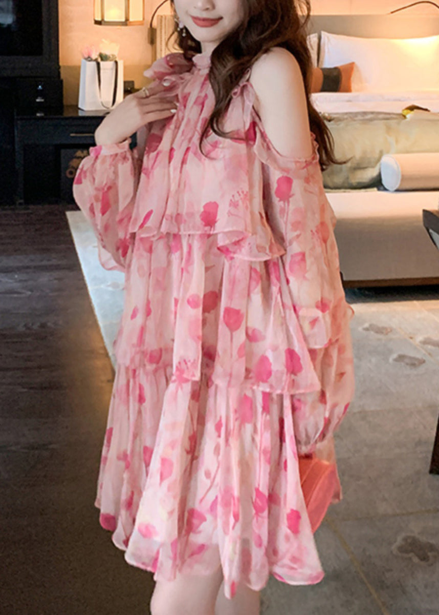 Mid Beautiful Cold Print Pink Summer Shoulder Dress Chiffon