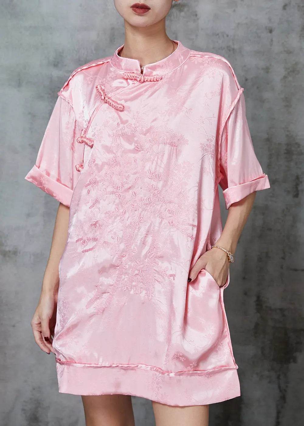 Beautiful Pink Embroidered Chinese Button Silk Mini Dress Spring JK1006 Ada Fashion