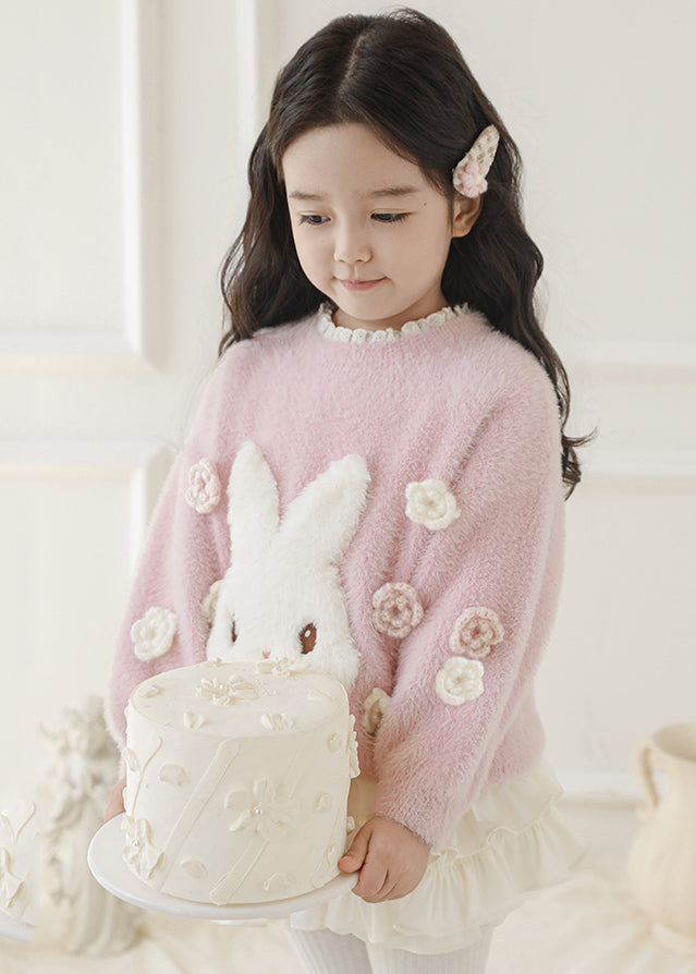 Beautiful Pink Embroideried Warm Fleece Patch Cotton Knit Kids Sweate Spring TP047