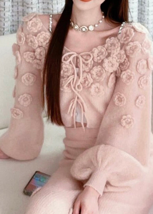 Beautiful Pink Floral Lace Up Knit Sweaters Fall WO035