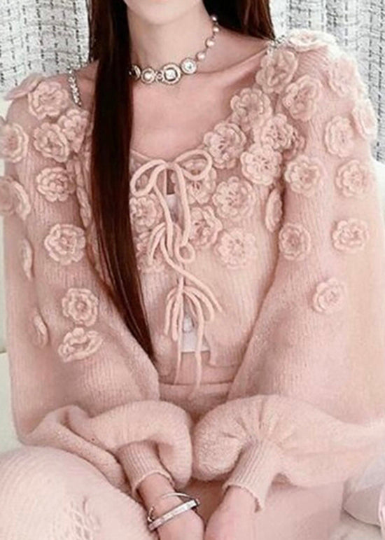 Beautiful Pink Floral Lace Up Knit Sweaters Fall WO035