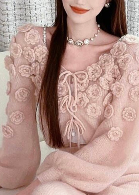 Beautiful Pink Floral Lace Up Knit Sweaters Fall WO035