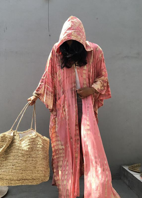 Cotton Summer Beautiful Cardigan Pink Print Hooded Loose