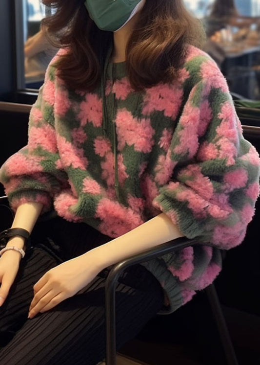 Beautiful Pink O Neck Jacquard Faux Fur Knit Sweaters Fall WO025