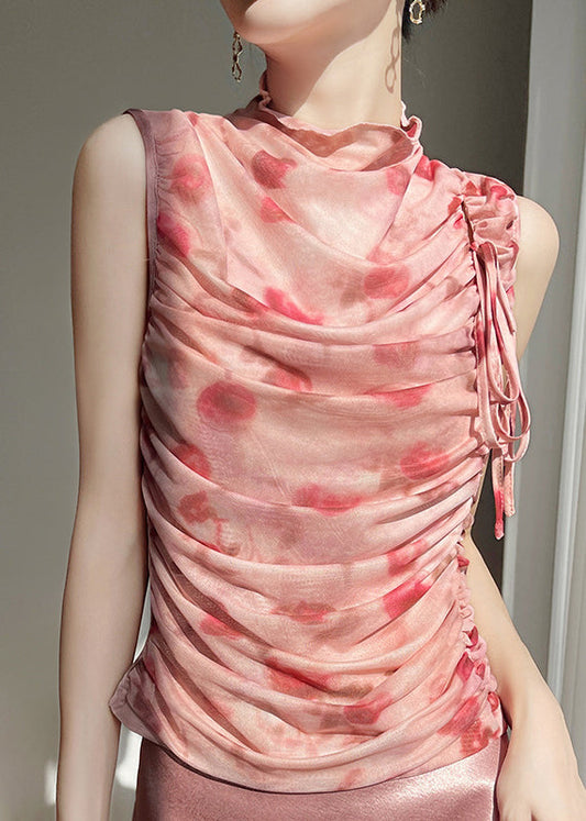 Beautiful Up Tulle Pink Print Tops Lace Sleeveless Wrinkled